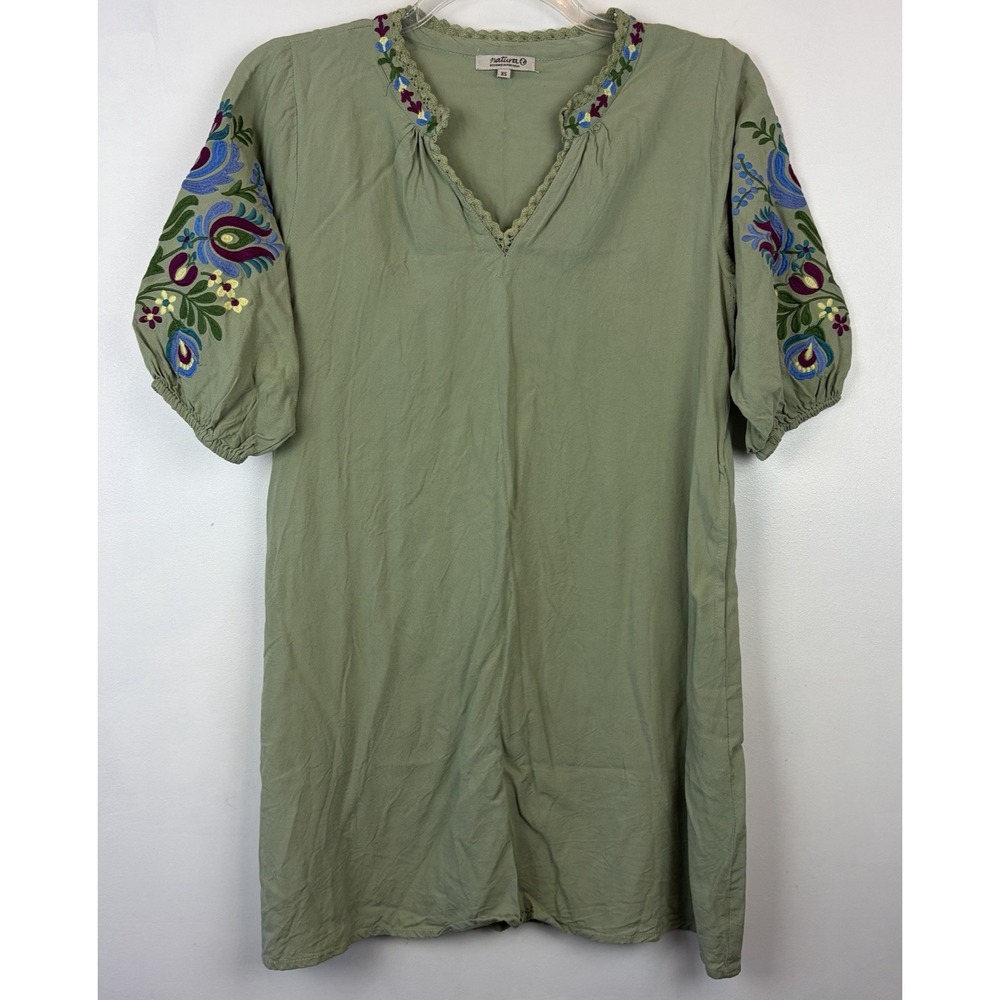 Natura Portugal Mini Dress Womens XS Green Embroidered Boho Casual Festival